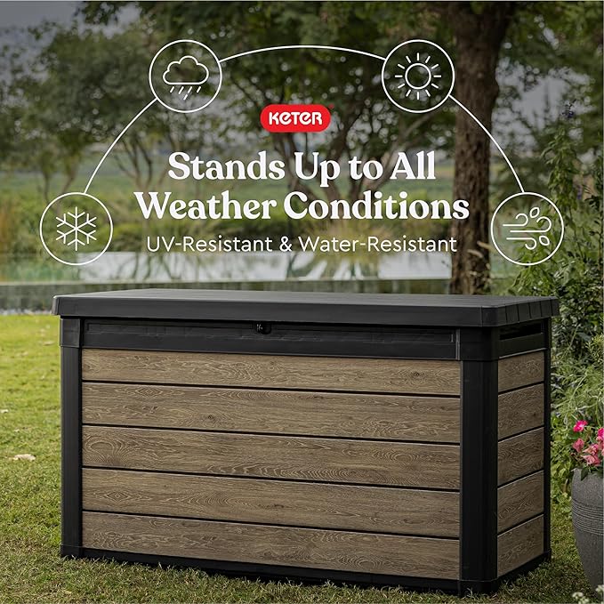Keter Ashwood 100 Gallon Resin Deck Box Organization and Storage for Patio Furniture Outdoor Cushions, Throw Pillows, Garden Tools and Pool Toys, Brown