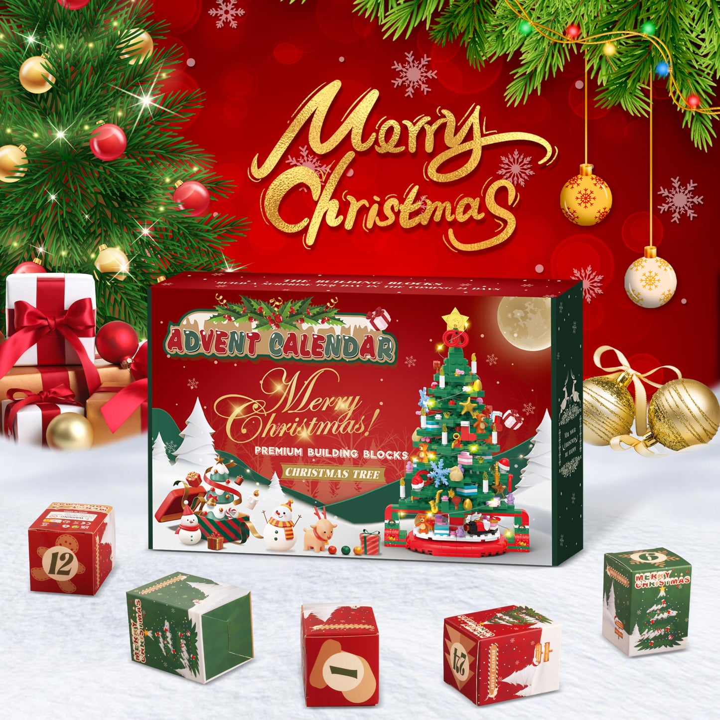 Alagoo Advent Calendar 2025 Christmas Tree Building Set with LED Light, 24 Days Christmas Countdown Calendar Christmas Tree Building Blocks, Xmas Gifts for Adults Teens Kids