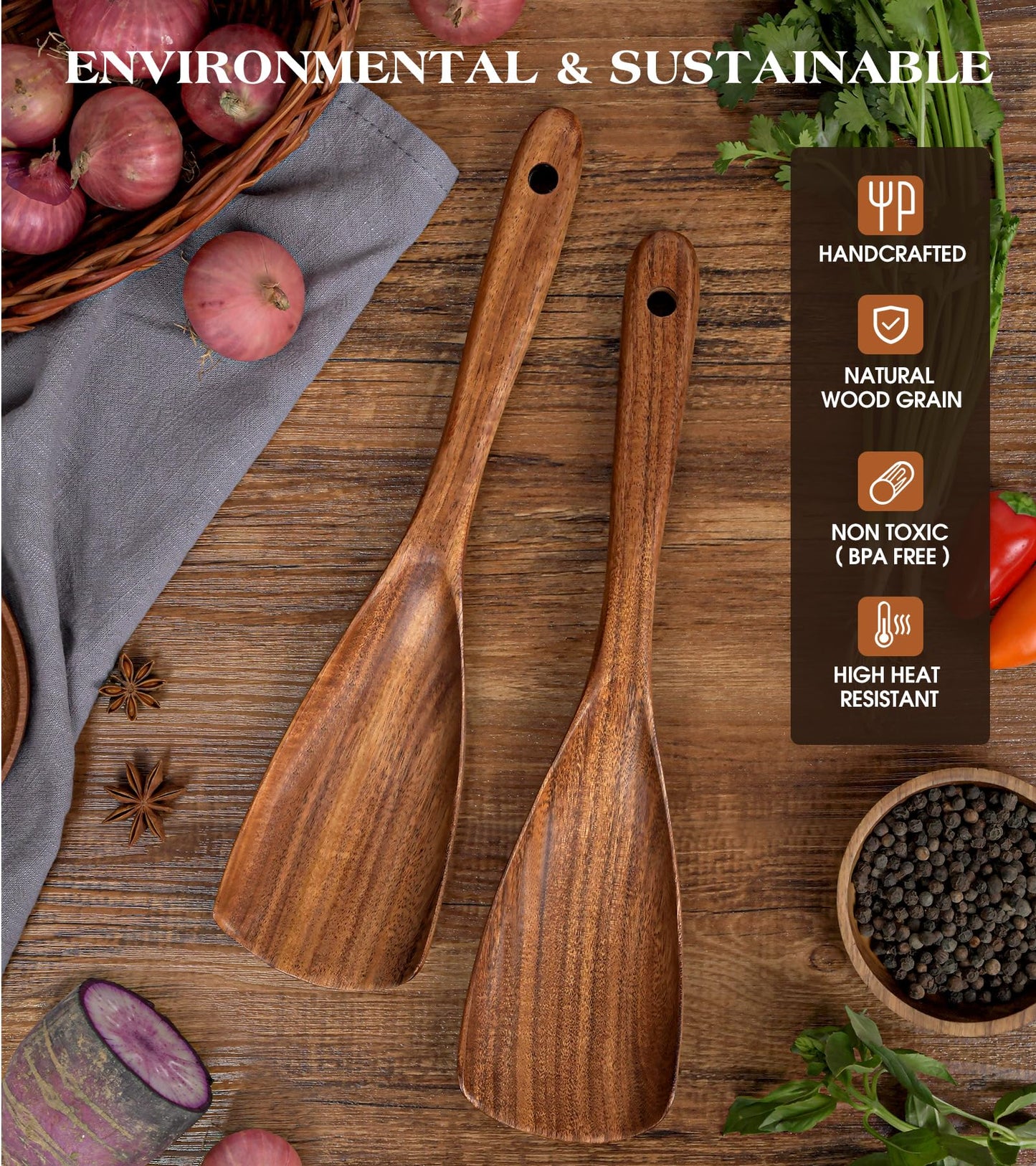 2Pcs Wooden Spatula Spoon, Multifunction Cooking Spoon for Nonstick Cookwares, Heat Resistant Acacia Wooden Spoon Spatula for Cooking, Mixing, Scooping, Scraping, BPA-Free, 11.6 x 2.8 Inch