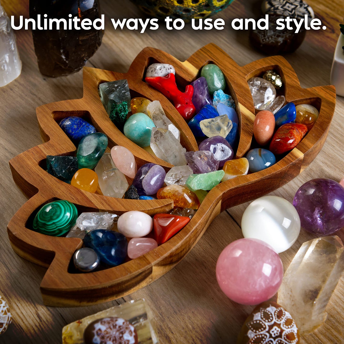 Curawood Lotus Crystal Display Tray - Showcase Your Gems, Healing Stones & Treasures - 11"x7" Wooden Rock Bowl, Crystal Holder for Stones Display Shelf, Gemstone Rock Holder Charging Bowl (Horizon)
