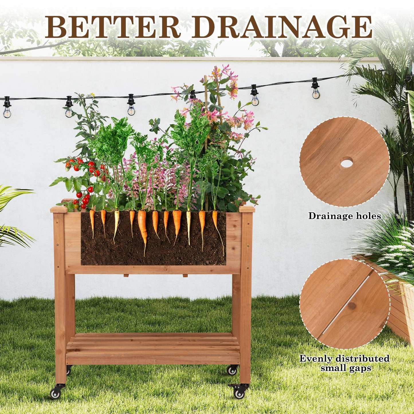Nature Crafted Raised Garden Bed with Lockable Wheels, 32x16x32 inch Elevated Wood Planter with Storage Shelf Protective Liner for Vegetable Flower Herb Outdoor Balcony Patio Backyard, Brown