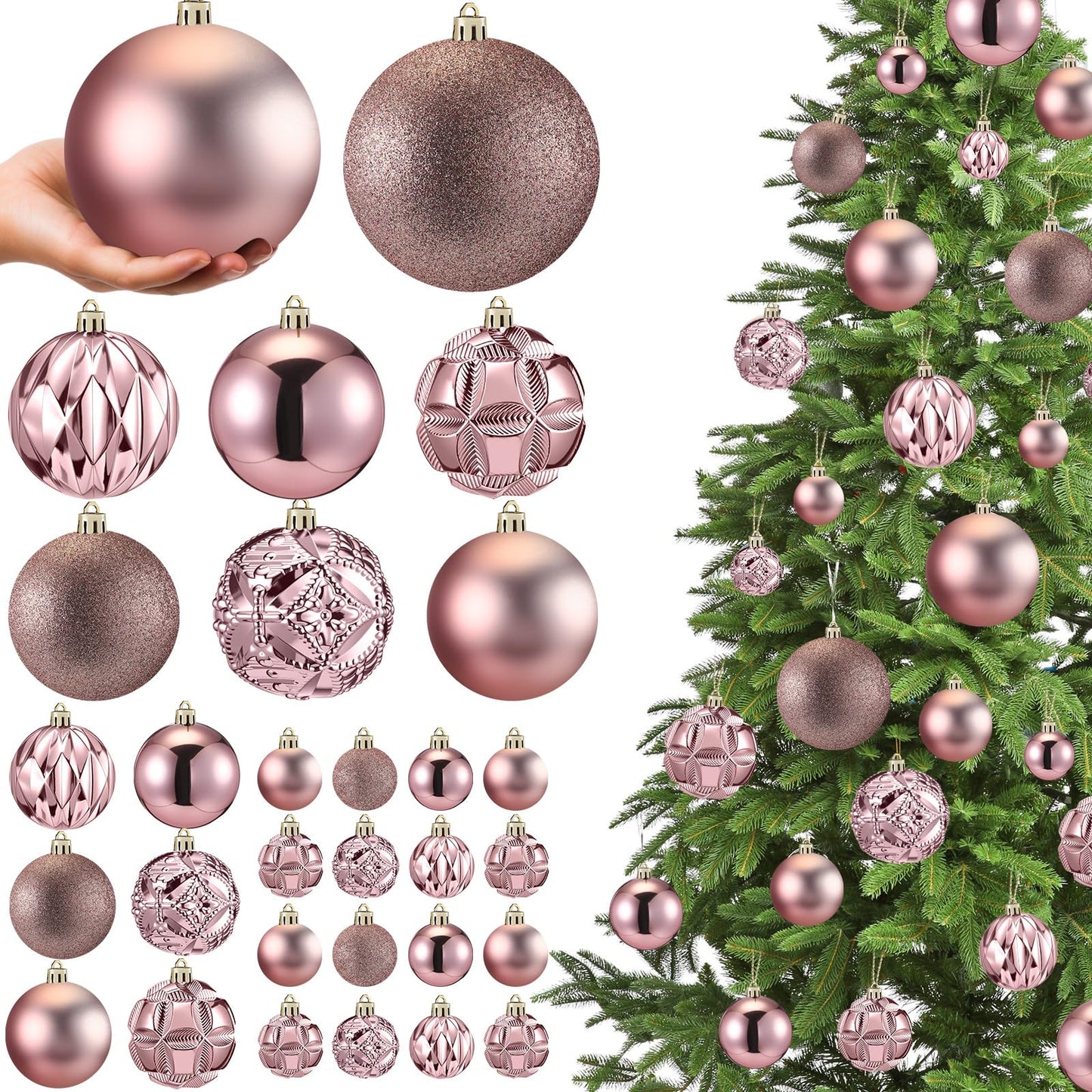 Soulchen 46 Pcs Rose Gold Christmas Balls Ornaments Set, 3.94/3.15/2.36/1.57 Inch Shatterproof Christmas Tree Hanging Plastic Balls Xmas Ornaments Decor for Xmas Tree Wreath Party Decoration Supplie