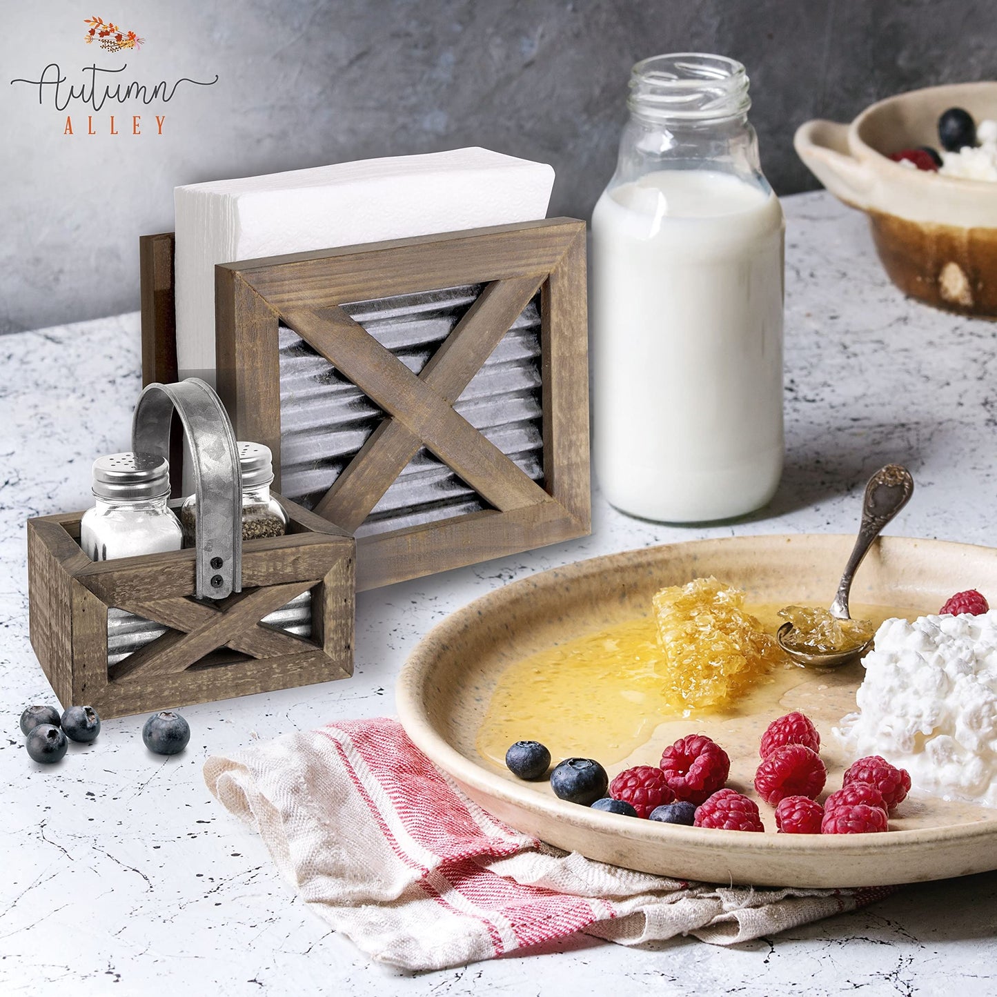 Autumn Alley Barn Door Rustic Salt and Pepper Shakers Set in Wood and Galvanized Caddy, Farmhouse Salt and Pepper Shakers For Rustic Kitchen Decor, Rustic Kitchen Accessories for your Country Kitchen