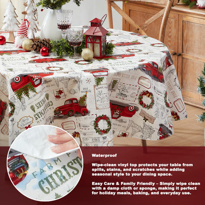 Newbridge Farm Fresh Christmas Tree Vinyl Tablecloth with Flannel Backing, Vintage Retro Holiday Print, Wipe Clean, 70 Inch Round