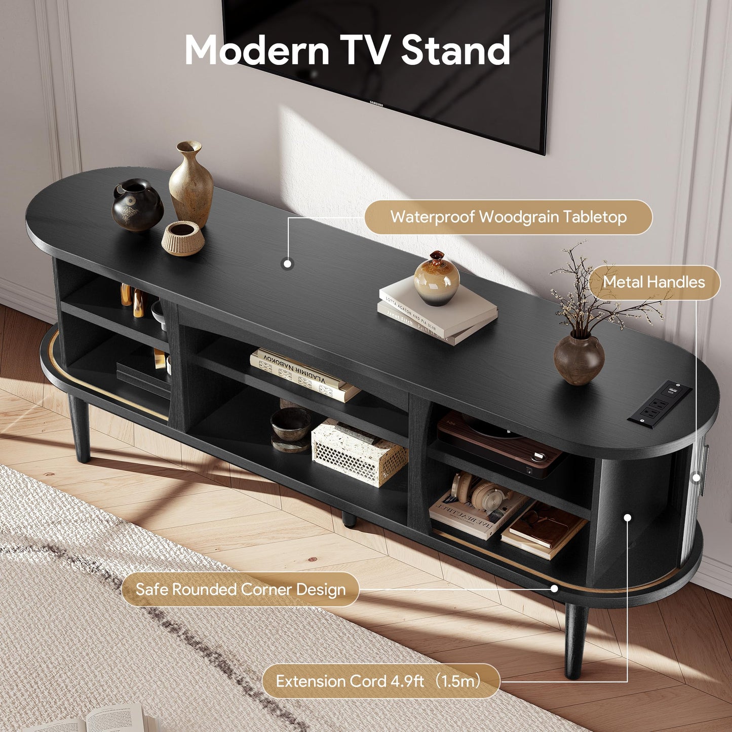 Decofy Mid Century TV Stand for TVs up to 70 Inches, Entertainment Center with Storage, Power Outlet, Fluted Sliding Doors & Adjustable Shelves, Modern Media TV Console Table for Living Room (Black)