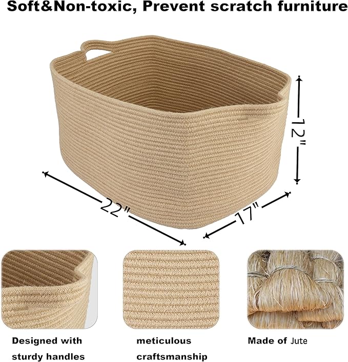 Large Rectangle Blankets Basket Living Room 22"x17"x12" Woven Jute Rope Storage