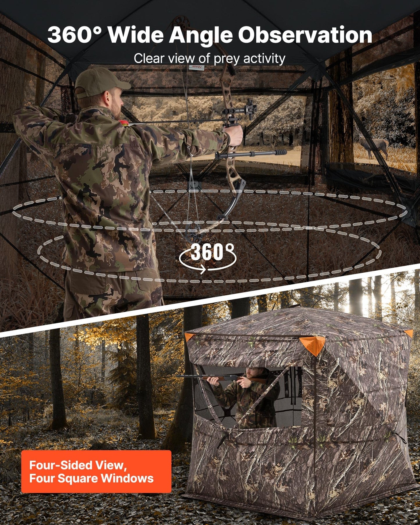 VEVOR Hunting Blind，See Through Ground Blinds with Carrying Bag, 360 Degree Portable Camouflage Tent，Durable Concealed Shelter with Silent Side Door and Window, for Turkey and Deer (4-5 Person)