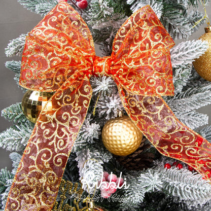Ribbli Swirl Glitter Wired Ribbon, Red Organza Sheer with Gold Glitter Swirl Pattern and Gold Metallic Edge,2-1/2Inch x 10Yards Christmas Ribbon for Tree Decoration