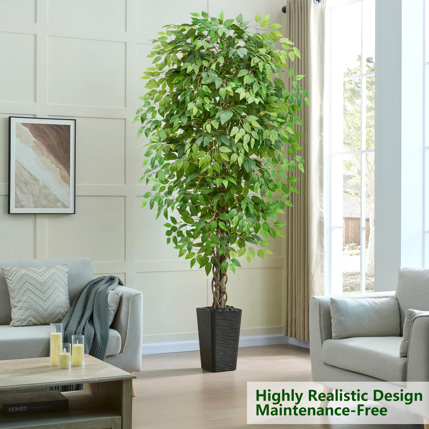 Artificial Ficus Tree 6FT Faux Plants Indoor Tall Fake Plants with Black Square Planter, Green Lifelike Lush Fake Ficus Tree for Home Living Room Bedroom Outdoor Balcony House Office Decor