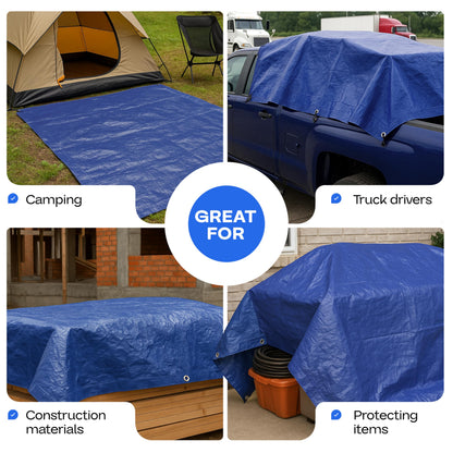 Blue Tarps Waterproof 8'x10', Pack of 8 - USA-Made 3.5 mil Thick Camping Tarp for Car, Boat & Storage Cover - Heavy-Duty Poly Tarpaulin with Grommets for Indoor and Outdoor Protection by IDL Packaging