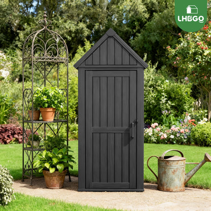 LHBGO Outdoor Storage Shed with Door & Shelf, Large Capacity Weatherproof Garden Tool Cabinet with Multiple Hooks for Backyard, Patio, Lawn（Black