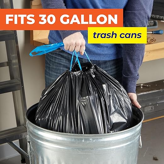 Hefty Essentials Drawstring 30 Gallon Trash Bags, Bulk Black Garbage Bags