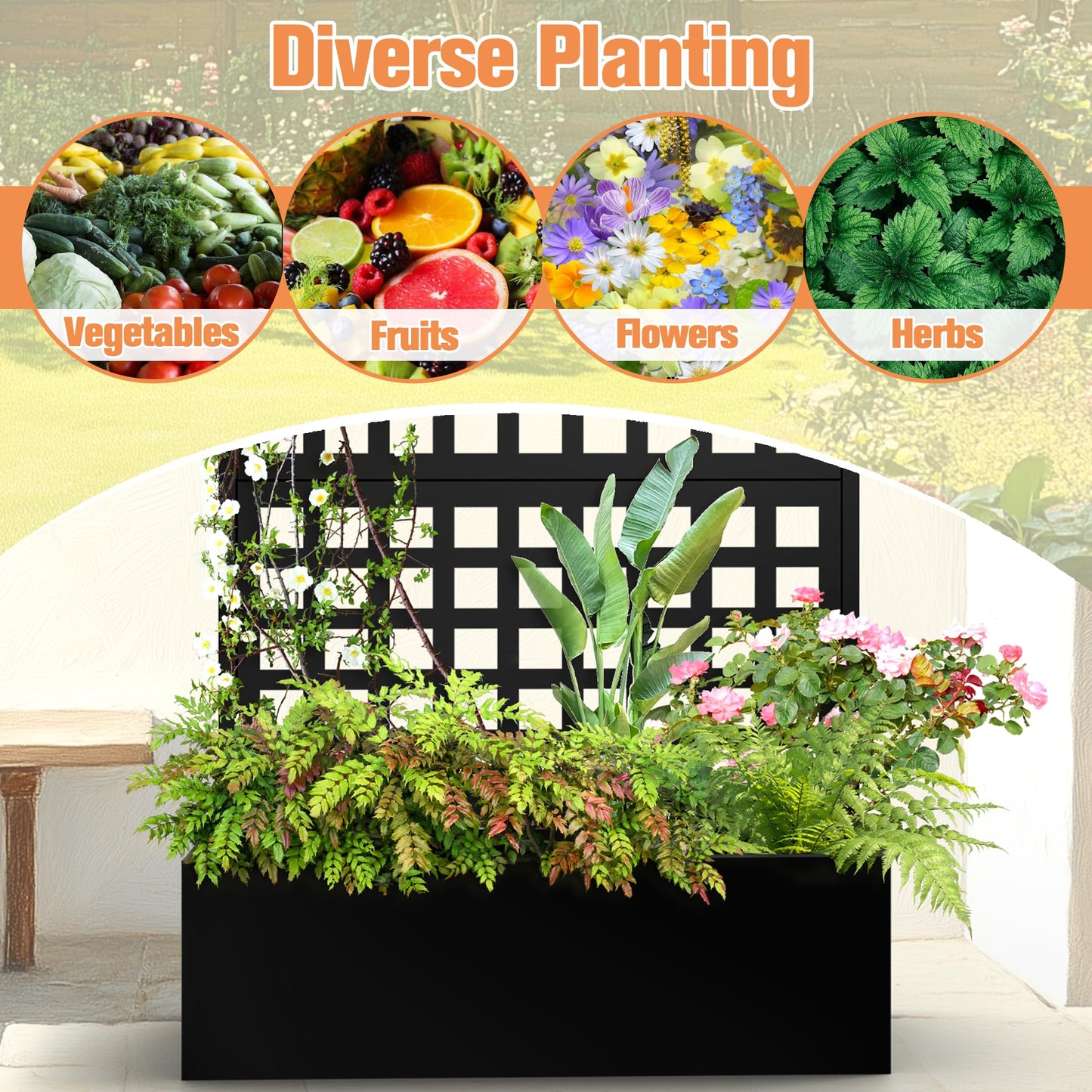 TUYOHW Metal Planter Box with Trellis, Raised Garden Bed with Privacy Screen, Outdoor Planter Box for Climbing Plants, Vine Support Flower Bed with Drainage Holes for Garden, Patio, Balcony