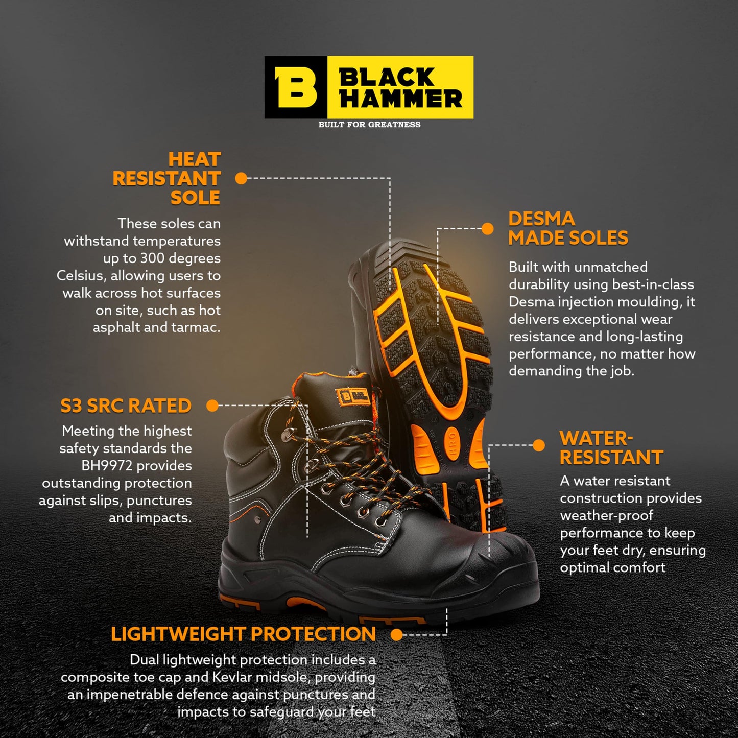 Black Hammer Mens Leather Safety Boots S3 SRC HRO Steel Toe Cap Work Shoes Ankle Hiking 9972 (11 UK)
