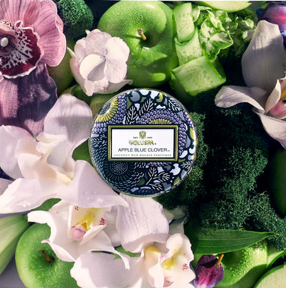 Voluspa Apple Blue Clover Candle | 3 Wick Tin | 12 Oz. | Coconut Wax for Clean Burning