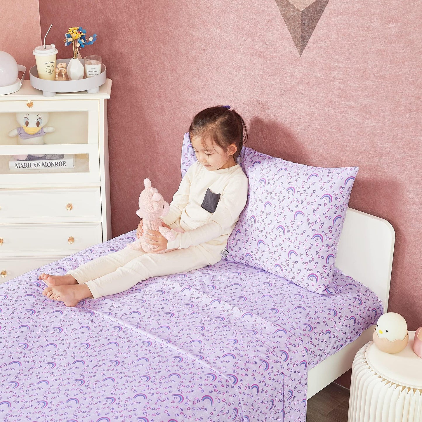 Softan Kids Bed Sheet Set, 4-Piece Full Size Sheets, Microfiber Fitted Sheet with 15 Inches Deep Pocket and Corner Straps, Breathable & Silky Soft Purple Love Rainbow Pattern Sheet and Pillowcase Sets