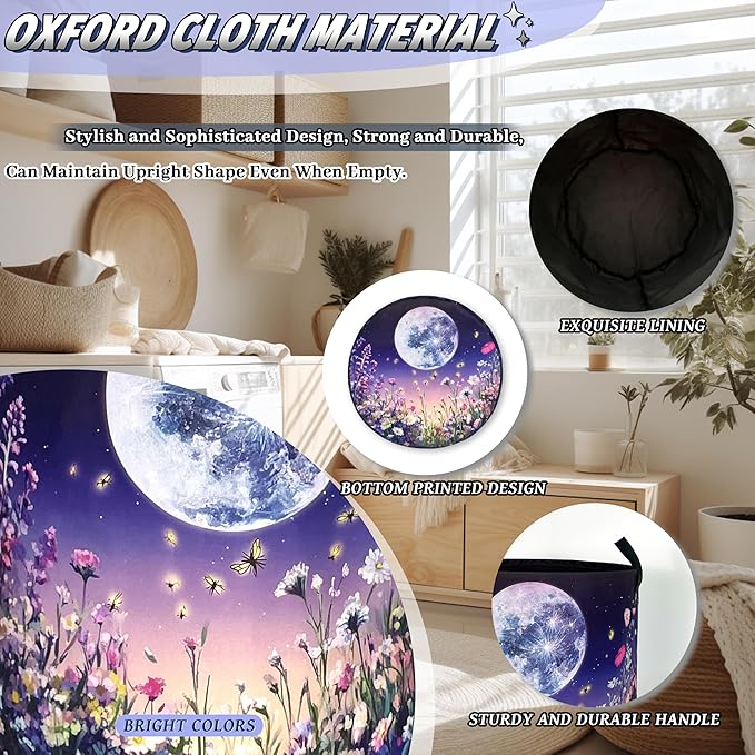Moon Laundry Basket Oxford Cloth Night Sky Colorful Floral Butterfly Laundry