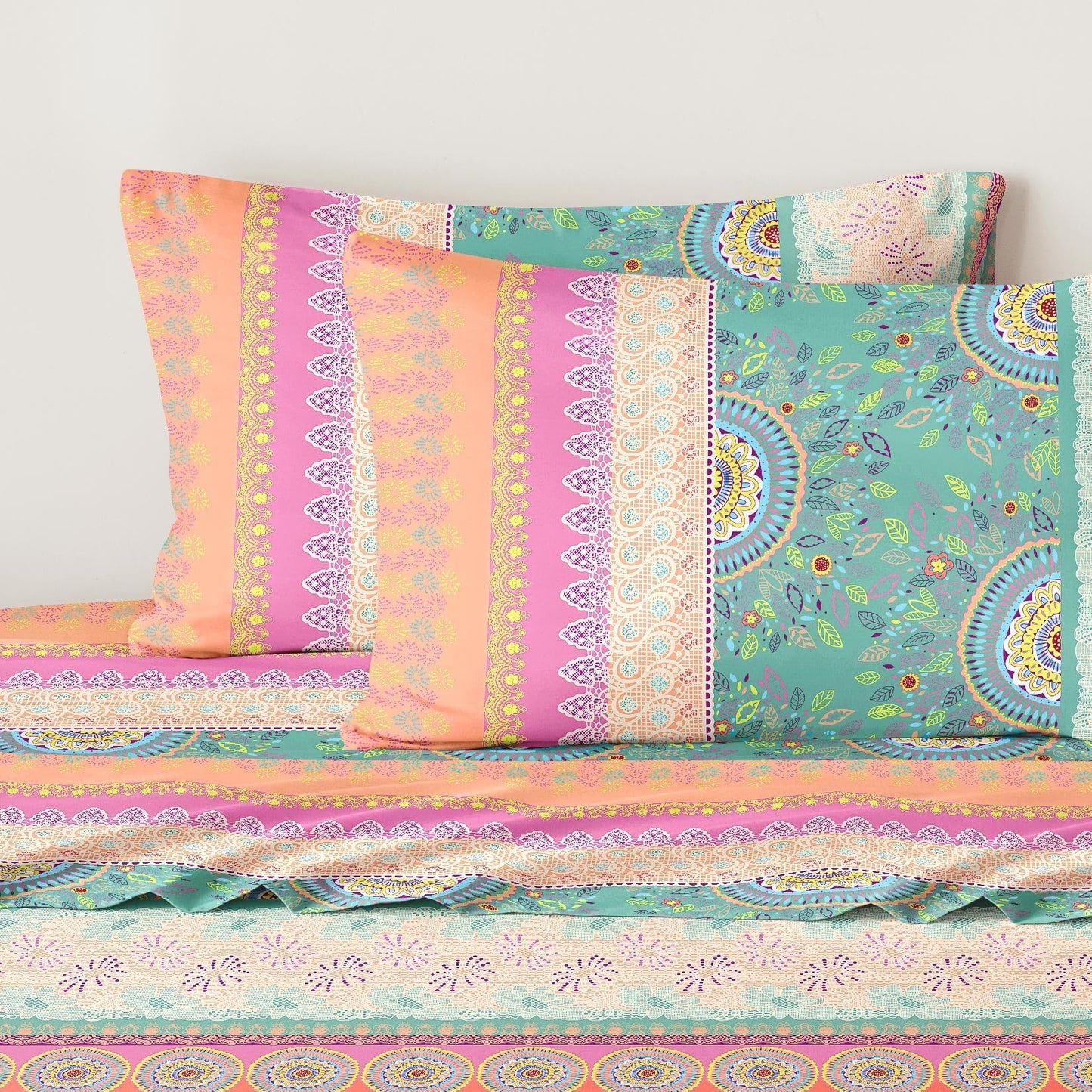 Wake In Cloud - Boho Bed Sheets, 4-Piece Sheet Set, Bohemian Chic Medallion Colorful Hippie Aesthetic Bedding, Deep Pocket, Orange Green, King Size