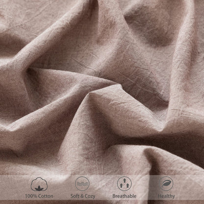 MooMee Fitted Bottom Sheet Only 100% Washed Cotton Linen Like Textured Breathable Durable Soft Comfy Deep Pocket Fits Mattress up to 17" (Mauve Brown, Queen)