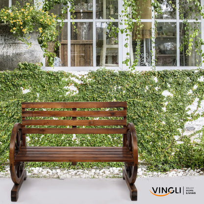 VINGLI Rustic Wooden Wheel Bench Outdoor Bench, Patio Bench Wagon Slatted Seat, Garden Benches for Outdoors 350lbs High Capacity, Weather Resistance (Rustic, 41in)