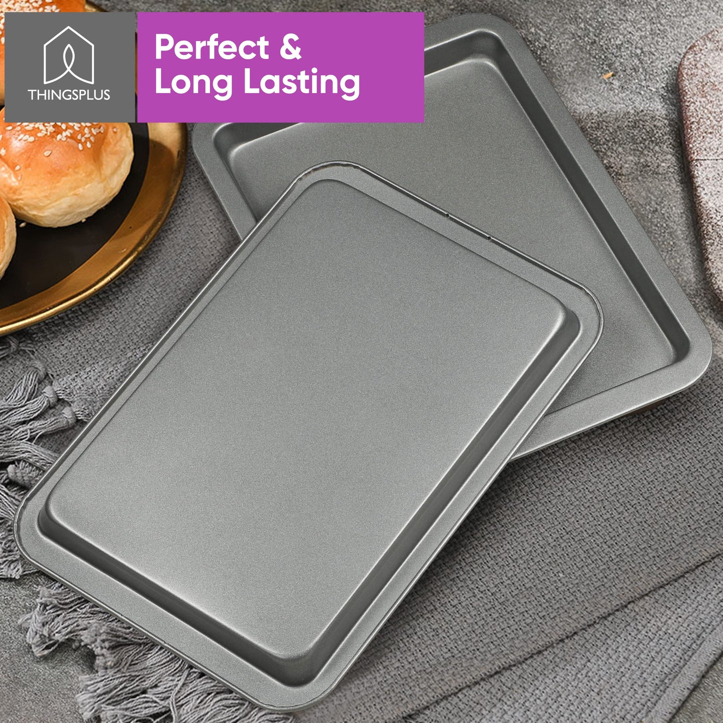 ThingsPlus Set of 2 Baking Trays for Oven Non Stick, Premium Carbon Steel Oven Trays Non Stick with Teflon Coating, Durable & Easy-Clean NonStick Baking Tray Set for Cookies & Savories (32x22x2cm)