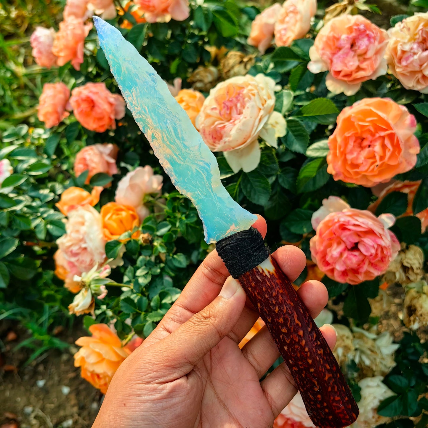 Handmade Opal Obsidian Crystal Arrowhead Knife | Healing Stone for Chakra Balancing | Spiritual Tool, Meditation Gift, Natural Gemstone Decor (Opal Arrow knife2)