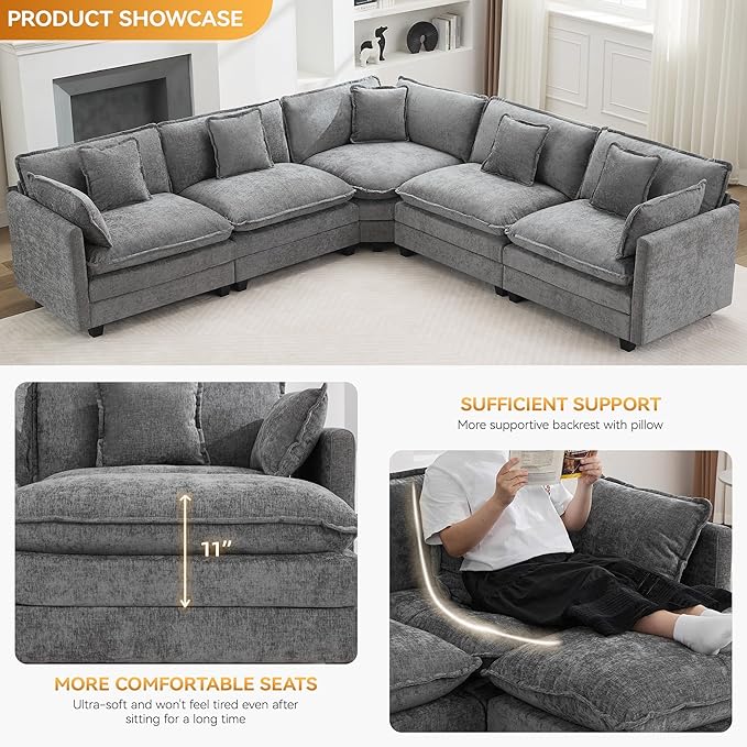 113'' V Shaped Cloud Sectional Sofa, Oversized Deep Seat Couches