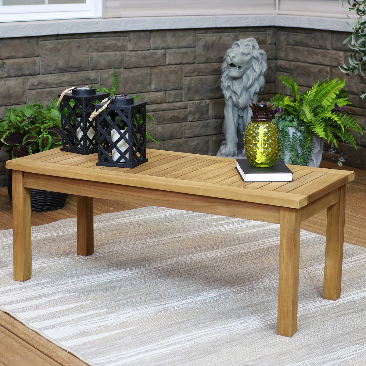 Sunnydaze 45-Inch Solid Teak Rectangular Outdoor Coffee Table - Patio Coffee Table for Outside - Light Brown Wood Stain Finish