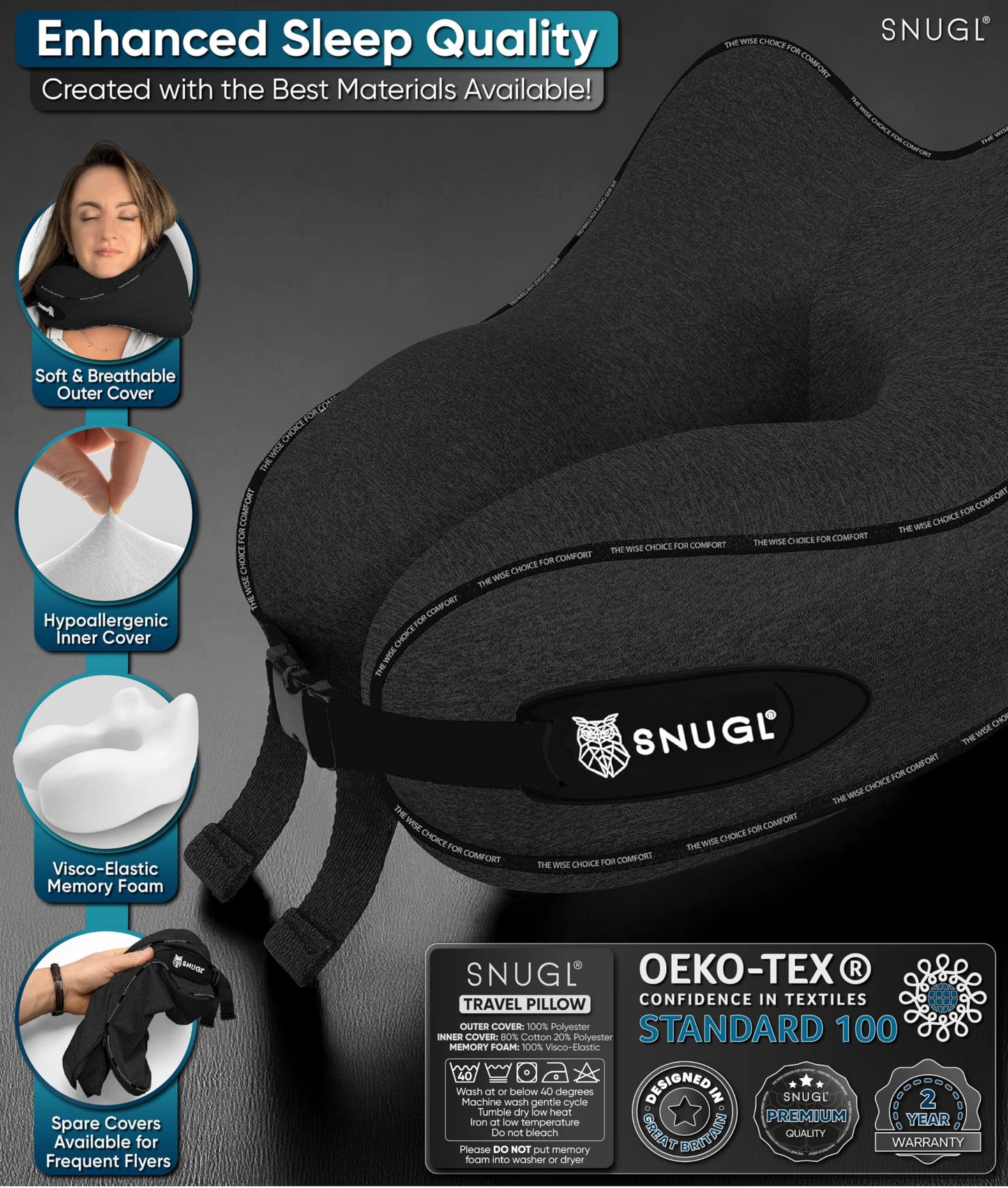 SNUGL Travel Pillow – Memory Foam Pillows - Neck Pillow for Airplane with Carry Bag & Clip – Neck Support Pillows for Pain Relief - Airplane Travel Essentials (Adult Regular - Black)