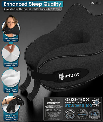SNUGL Travel Pillow – Memory Foam Pillows - Neck Pillow for Airplane with Carry Bag & Clip – Neck Support Pillows for Pain Relief - Airplane Travel Essentials (Adult Regular - Black)