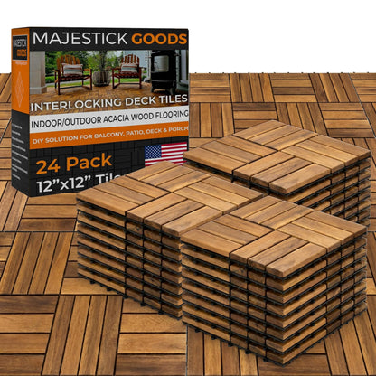 Majestick Goods Interlocking Slat Deck Tiles, Acacia Wood Interlocking Deck Tiles - Easy Installation for Patio Flooring & Walkways with Raised Base Drainage, 12 x 12 x 0.9 Inch (24 Count)