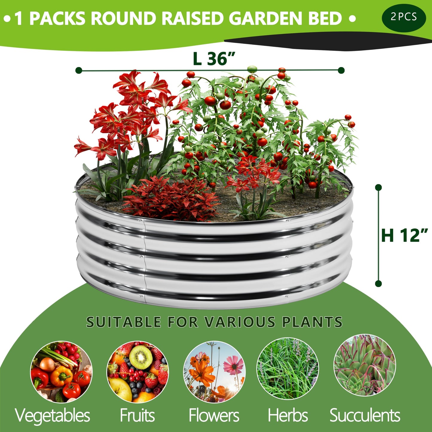 DIIYIV 2Pack 3x3x1ft Galvanized Raised Garden Bed, Planter Raised Garden Beds Outdoor, Round Clearance Raised Garden Beds for Gardening Vegetables