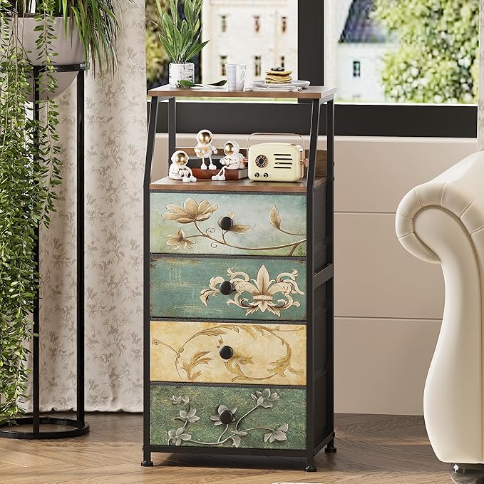 Tohomeor Dresser with Fabric Drawers Nightstand with 2 Tier Shelf Storage Tower