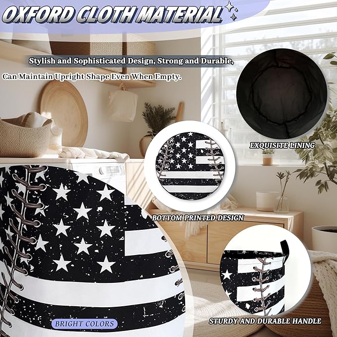Baseball Textures Laundry Basket Foldable Oxford Cloth American Flag Laundry