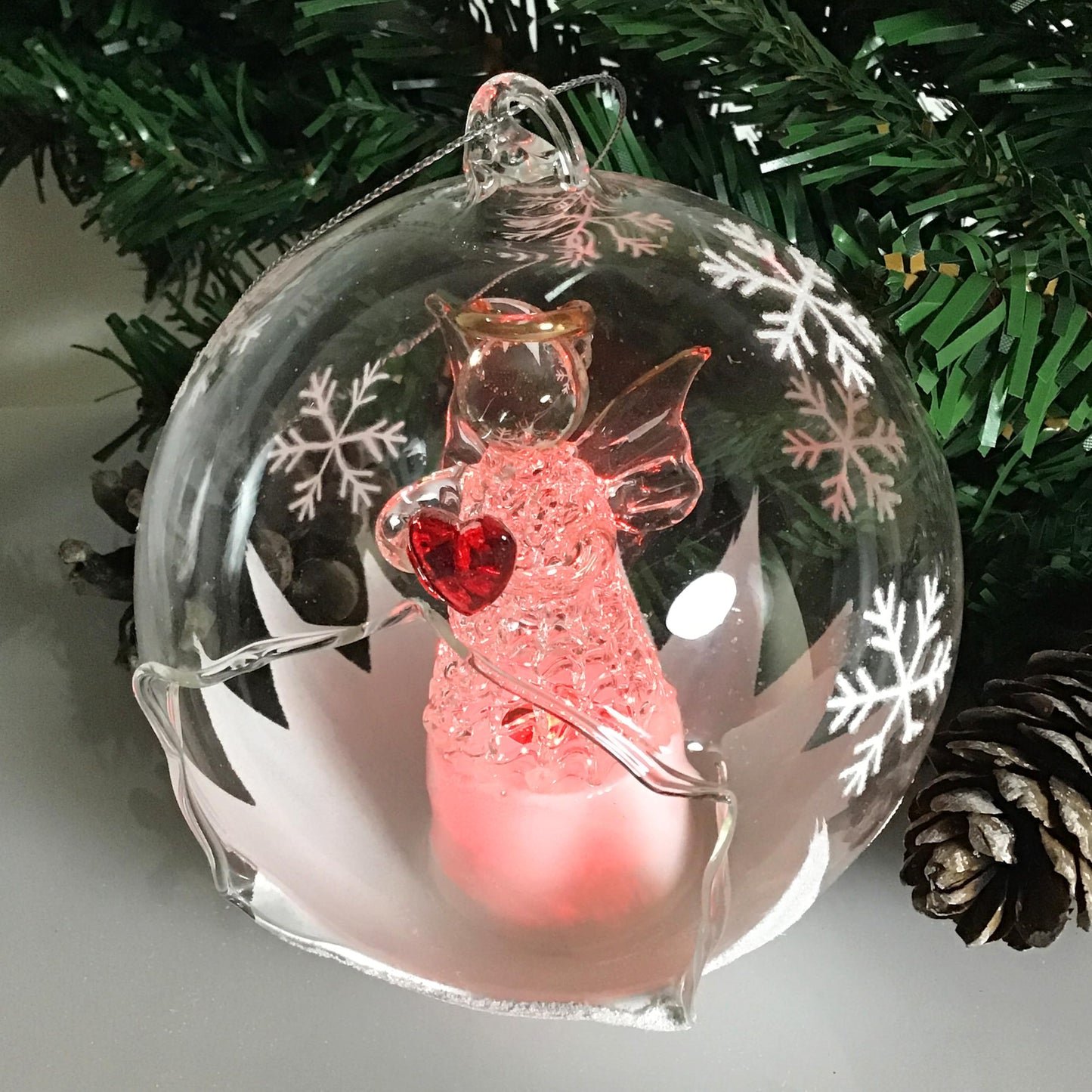 Angel with Red Heart Lighted Christmas Ball Ornaments - Hand Painted Glittery Snowflakes - Color Changing - 4 Hour Timer - 4" Diameter