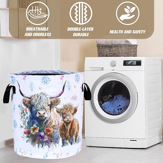 Highland Cow Laundry Basket Cattle Animal Foldable Oxford Cloth Funny Tote Bag