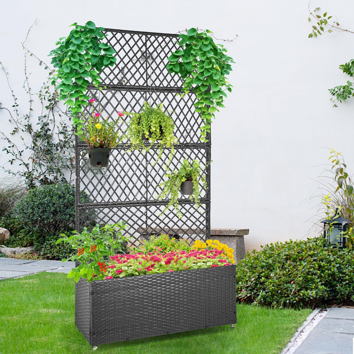 GENMOUS 72in/5.9ft Metal Raised Garden Bed with Trellis, Planter Box Trellis with Wheels for Vine Climbing Plants, Trellis with Drainage Holes for Flowers, Vegetables in Garden, Patio, Balcony （Black）