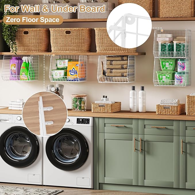 3 Pack Screw Mount Under The Wooden Shelf Laundry Room Organizer: Foldable Wire