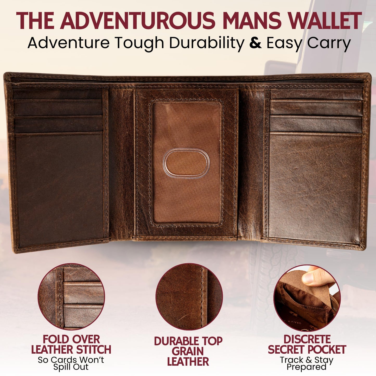 BULL GUARD RFID Genuine Leather Trifold Wallets for Men ID Window, Secret Pocket, RFID Wallet