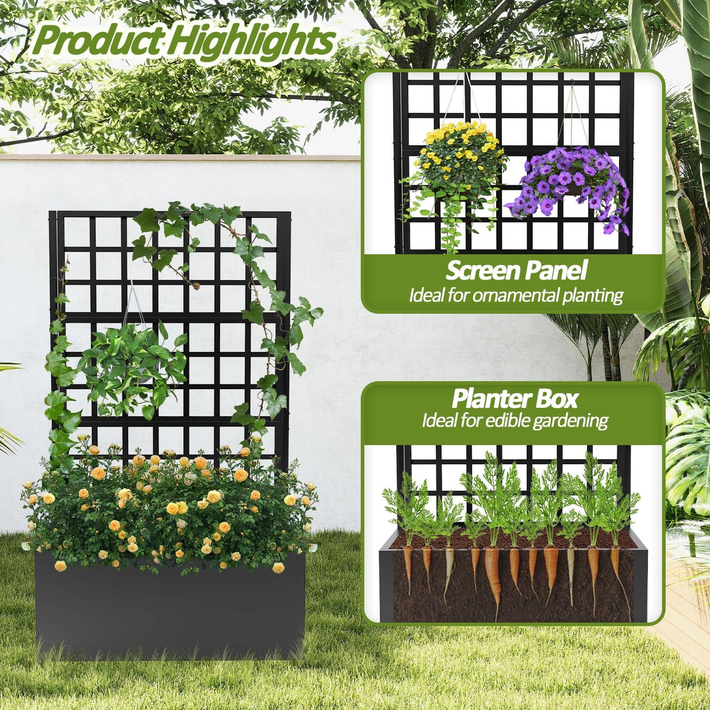 Trellume Metal Planter Box with Trellis - 63"(H)*31.5(L)*15.8"(W) Plastic-Coated Rustproof Trellis Planter, Raised Garden Bed with Trellis, Privacy Screen with Planter Box for Garden, Balcony, Patio