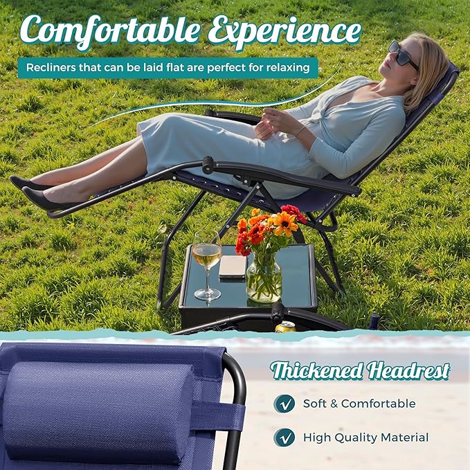 Homall Zero Gravity Chair Patio Folding Lawn Outdoor Lounge Gravity Camp Reclining Lounge Chair with Cup Holder Pillows for Poolside Backyard and Beach Set of 2 (Blue)