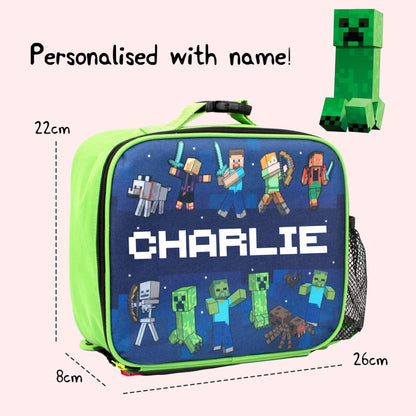 Minecraft - Personalised Kids Lunch Bag - Insulated Kids Snack Bag for Boys and Girls - Name Customisation - Dark Blue