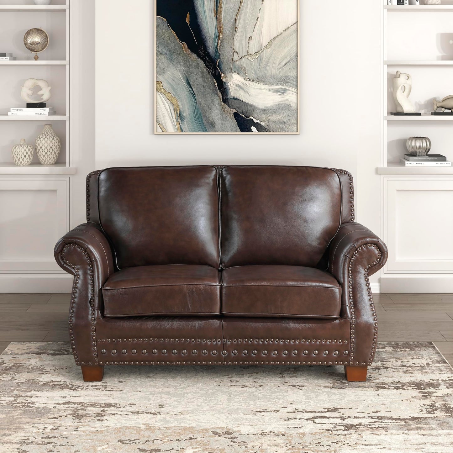 Lexicon 64.5" Loveseat, Top Grain Leather Match Loveseat Sofa with Nailhead Trim, Rolled Arms, Solid Wood Legs, 2 Seater Couch for Living Room/Apartment/Office, Easy Assembly, Brown