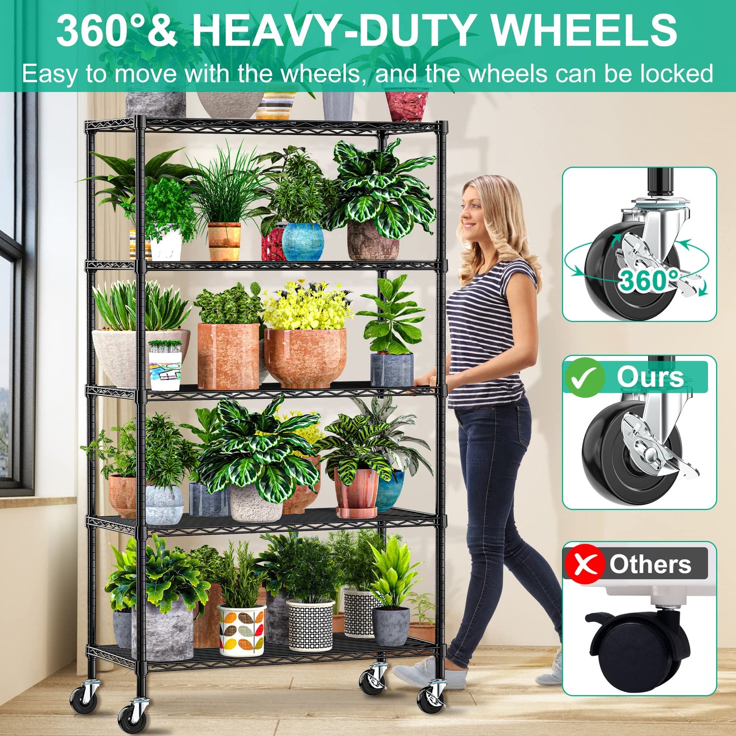 Folews 5 Tier Storage Shelves with Wheels - Adjustable Wire Shelving Unit Metal Shelves for Storage Rolling Utility Shelf Organizer Rack for Kitchen Garage Pantry Closet Laundry(14D x 36W x 75H)
