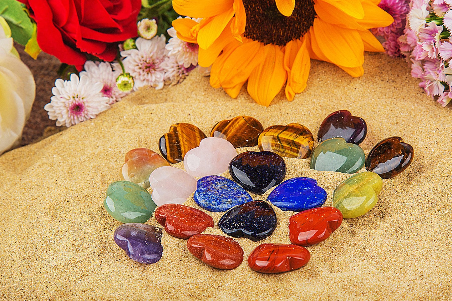 JIC Gem 20 pcs Mixed Crystal Heart Stones Heart Shape Chakra Stones 30mm Reiki Balancing Hand Carved Polished Palm Worry Stone Gift Jewelry Making and Collection
