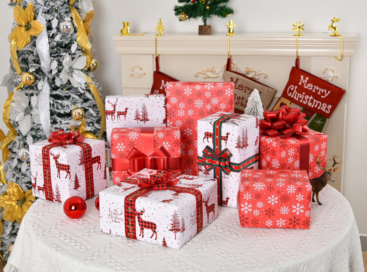 Sikiweiter Christmas Wrapping Paper Rolls -Mini Roll 17 Inch X 33 Feet - Reversible Plaid Reindeer and Snowflake Design Wrapping Paper(Christmas)