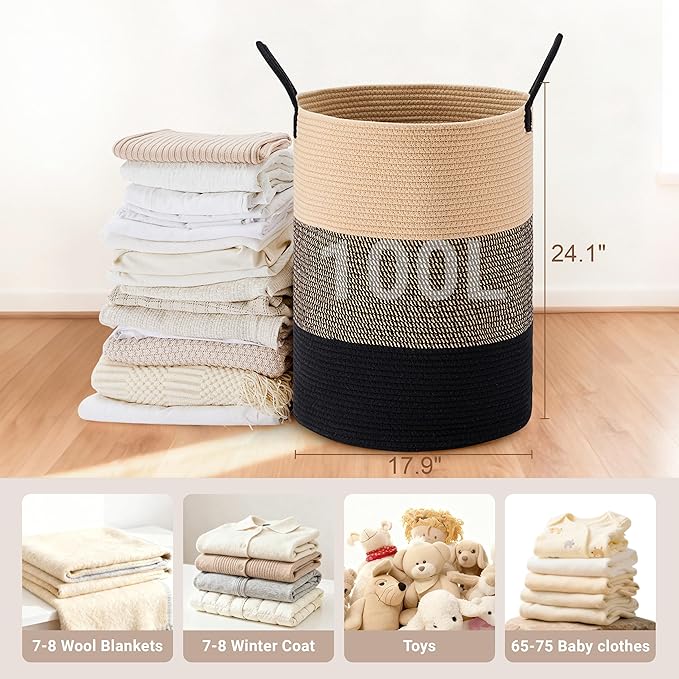 Tall Laundry Basket with Handles, 100L Portable Dirty Clothes Hamper, Boho