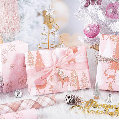 RUSPEPA Pink Christmas Wrapping Paper Set, Mini Roll, Gold Foil Winter Wonderland Design with Reindeer, Snowflake, Plaid Patterns Perfect for Holiday Gifts, 3 Rolls, 17 inches x 10 feet per Roll