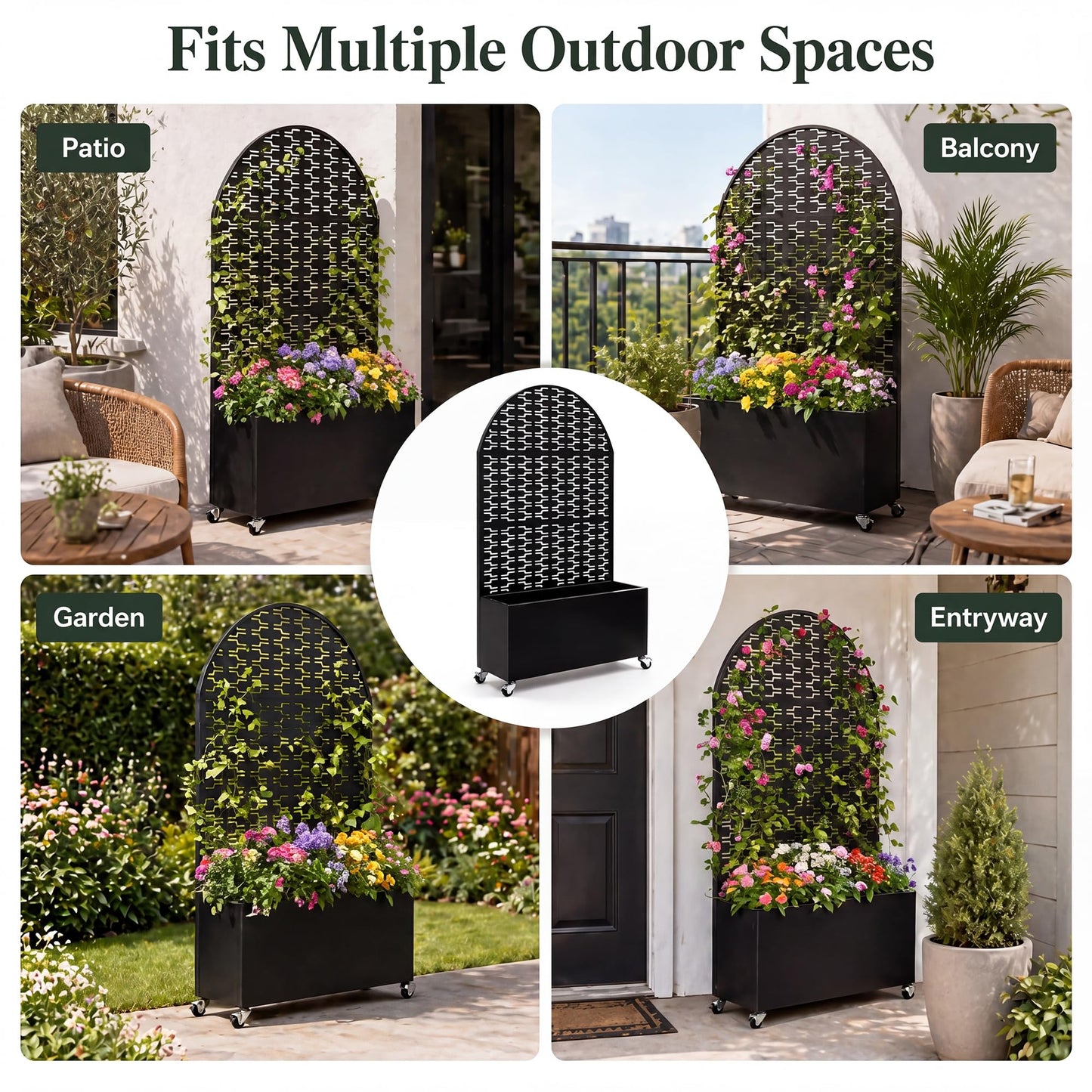 Veemuaro Metal Planter Box with Trellis, 70" H × 46" L Freestanding Outdoor Raised Garden Bed with Privacy Screen, Wheels and Drainage Holes, Arched Privacy Screen Planter Box for Backyard and Garden