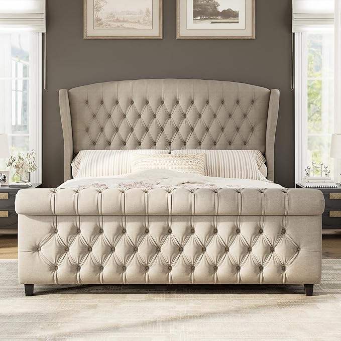 AMERLIFE King Size Platform Bed Frame, Linen Upholstered Sleigh Bed